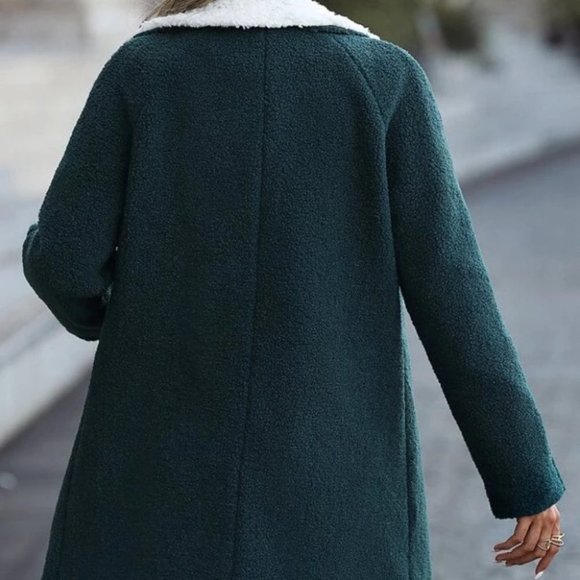 Teddy Lined Lapel Collar Double Breasted Coat fall winter green - Picture 4 of 8